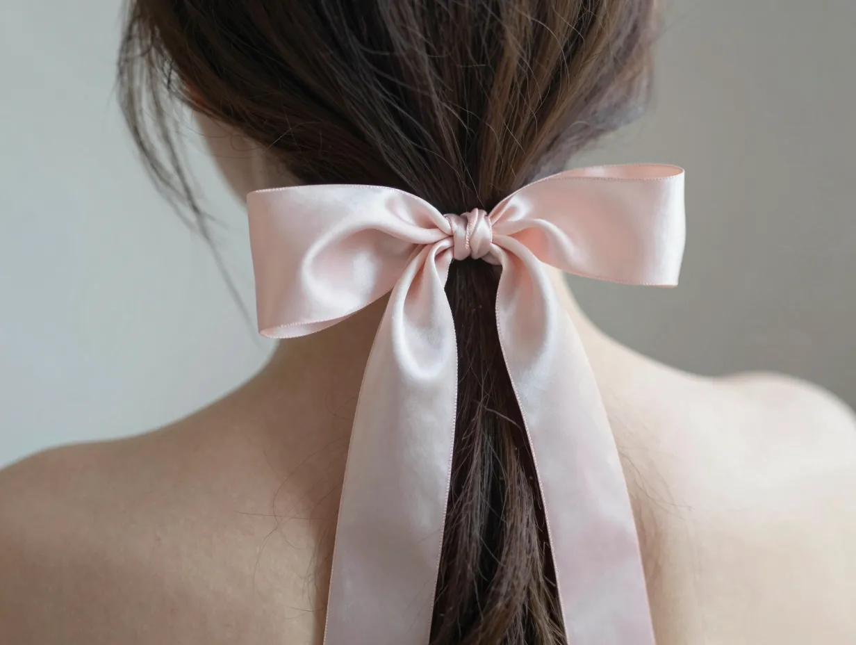 Satin ribbon tied in a loose bow at the nape of a neck romantic look