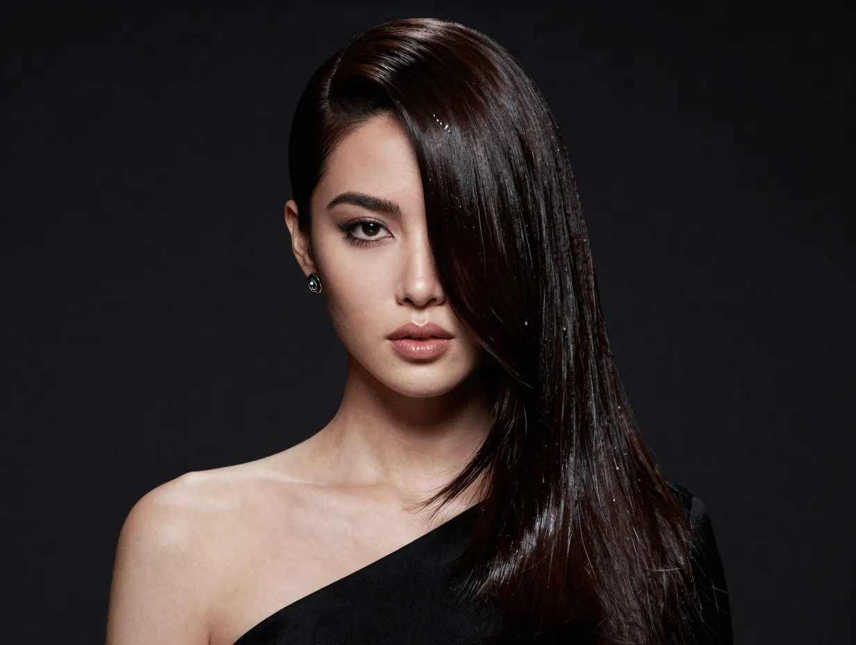 Sleek low side sweep over one shoulder glossy hair
