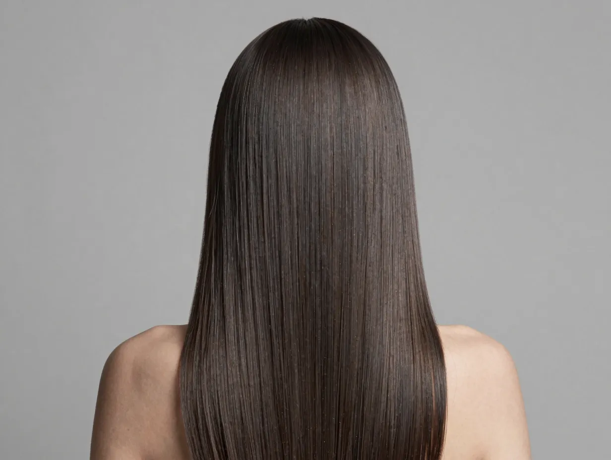 Smoky charcoal brown hair in a sleek cool toned blowout