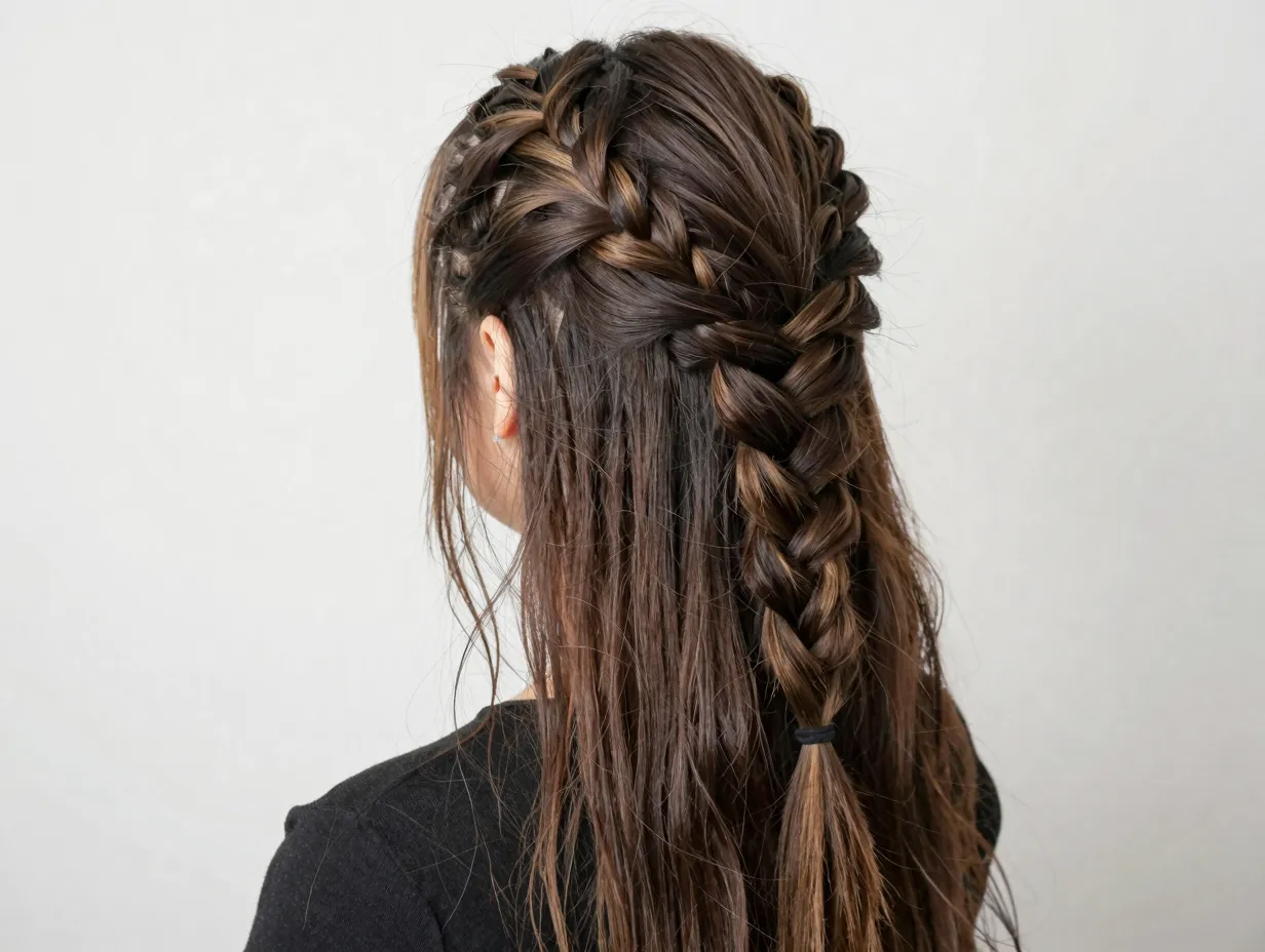 Textured fishtail braid long hair gently pulled apart finish