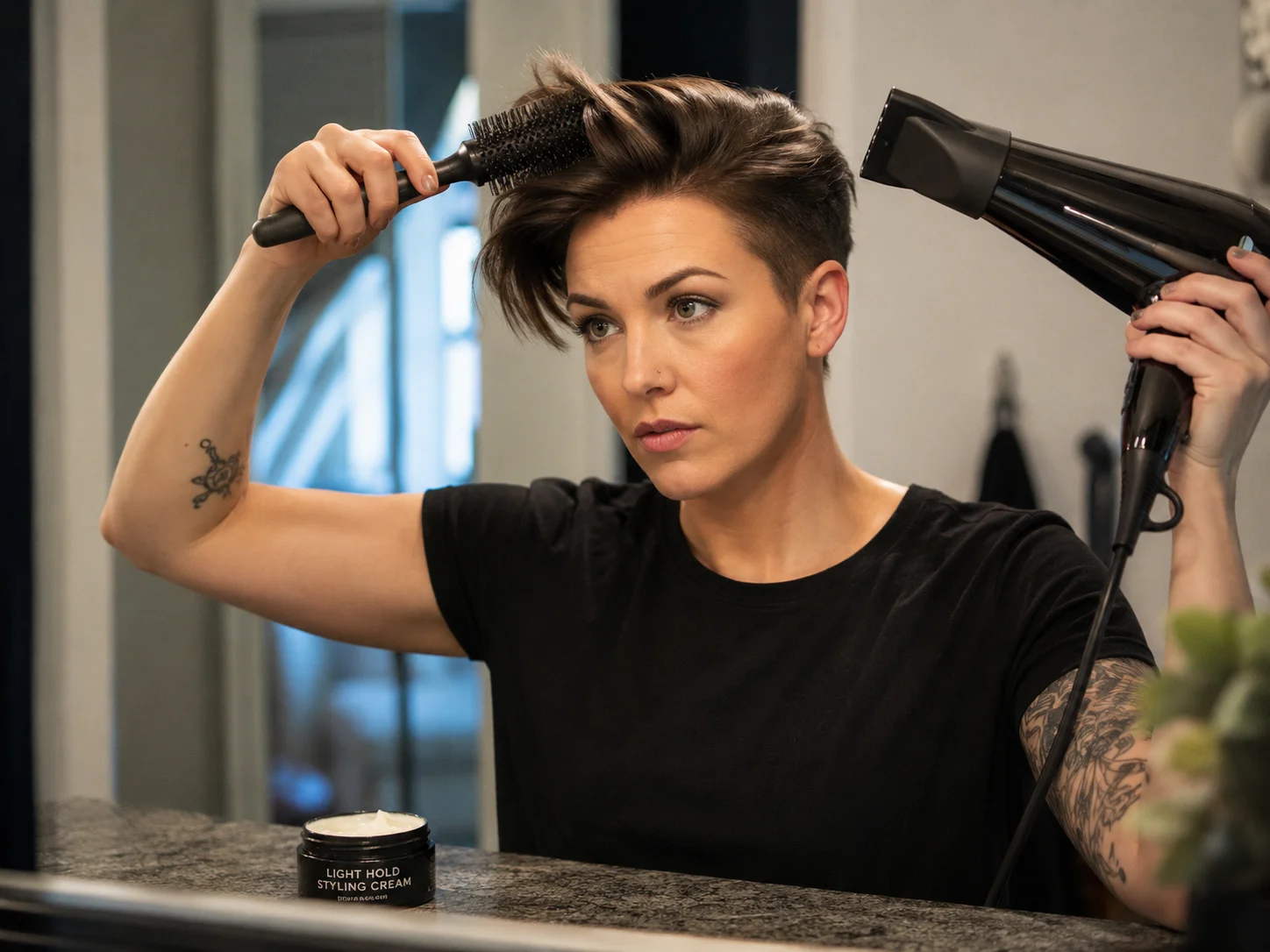 A person blow drying short hair into a deep side swept part