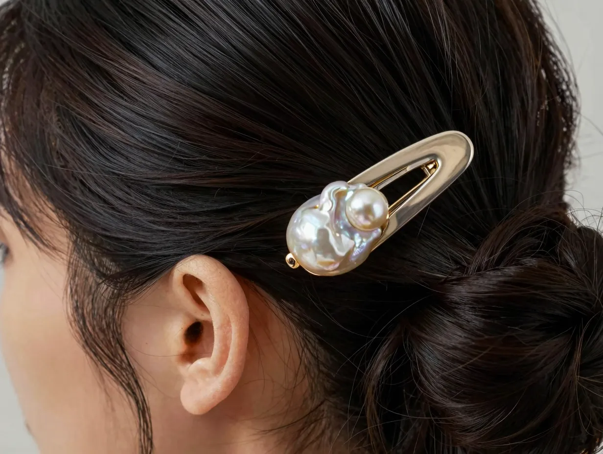 Baroque pearl hair clip holding a sleek half up style elegant detail