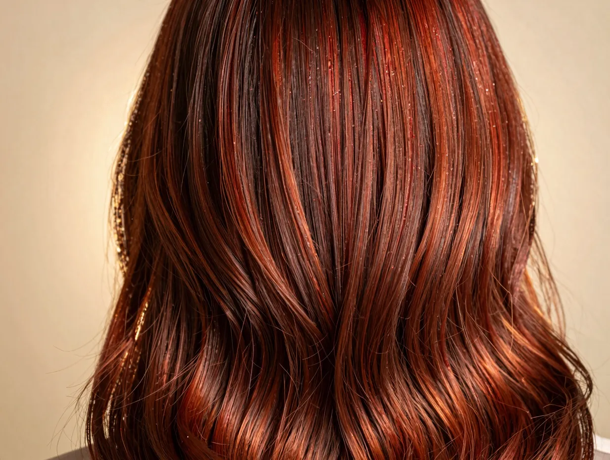 Dark auburn hair with high shine copper gloss treatment