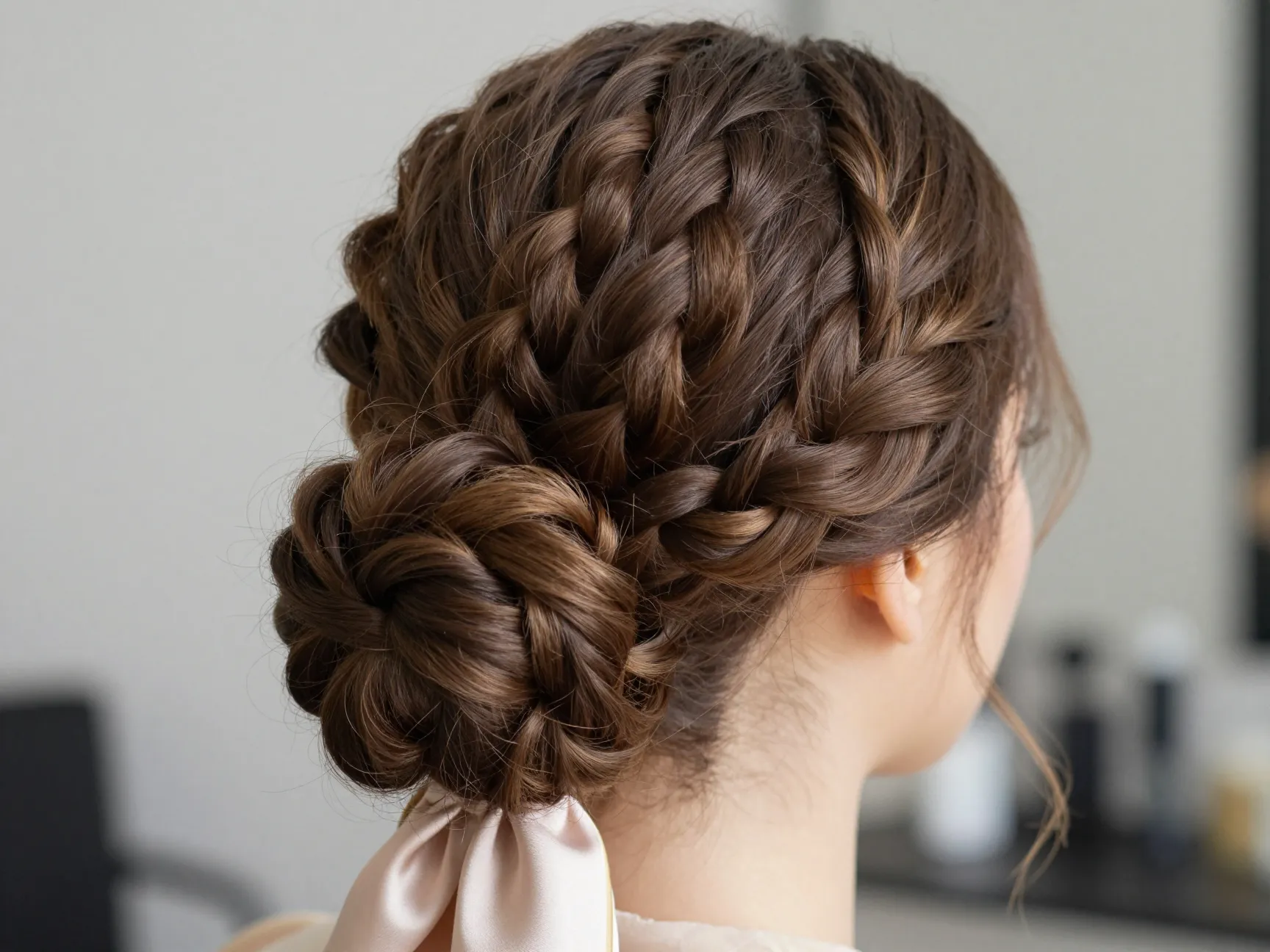 Elegant twisted updo with pinned sections and silk scarf wrap