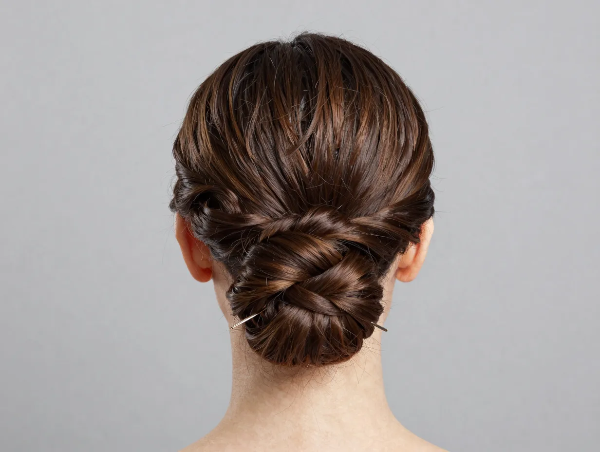 Intricate double flip through tuck low bun hairstyle behind