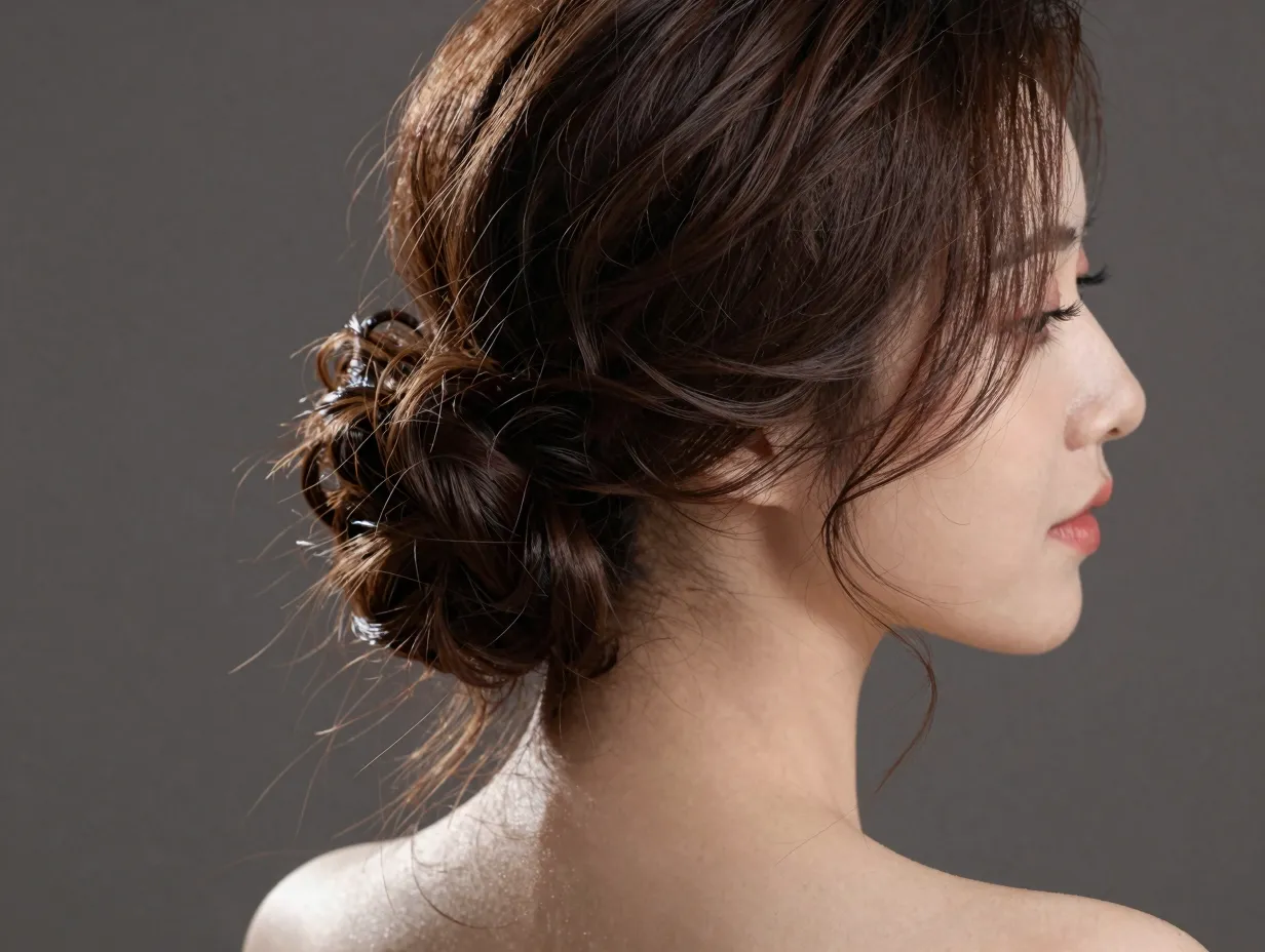 Loose gathered hair at nape with curled face framing tendrils