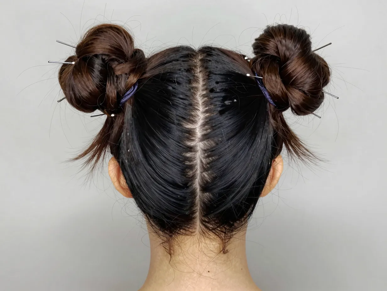 Space buns ponytail hybrid with two high buns and edge control