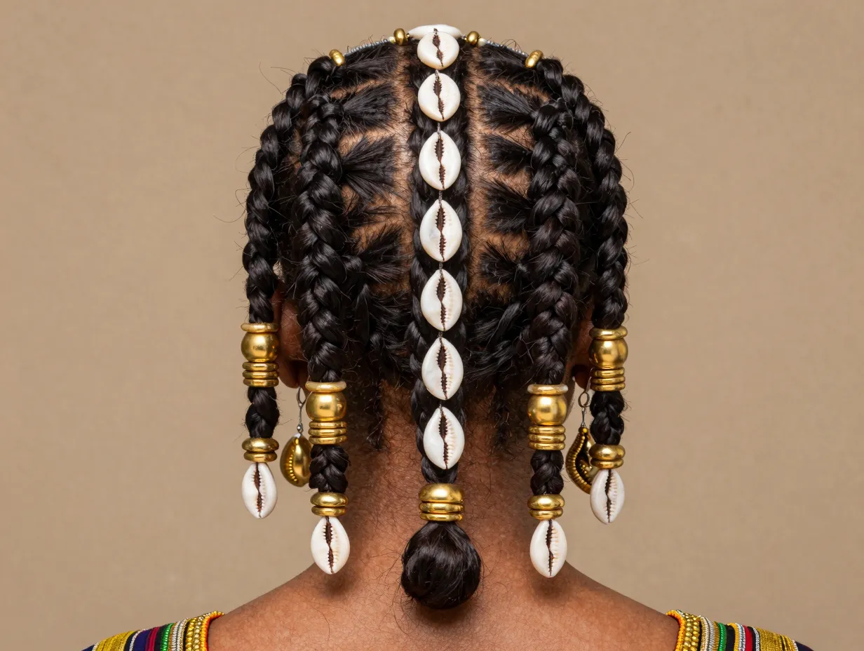 Traditional fulani braids with central braid cowrie shells