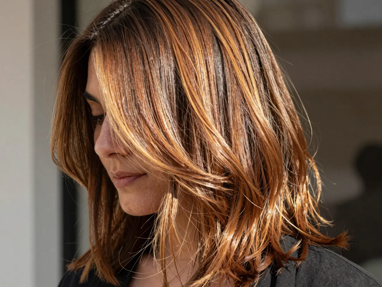 A woman with warm chestnut balayage highlights in natural sunlight