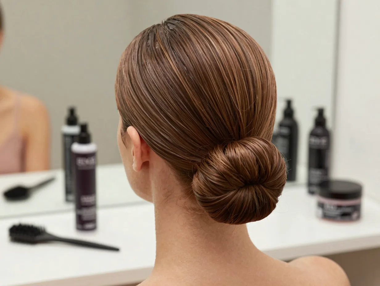 Classic slicked back low bun on natural hair at the nape
