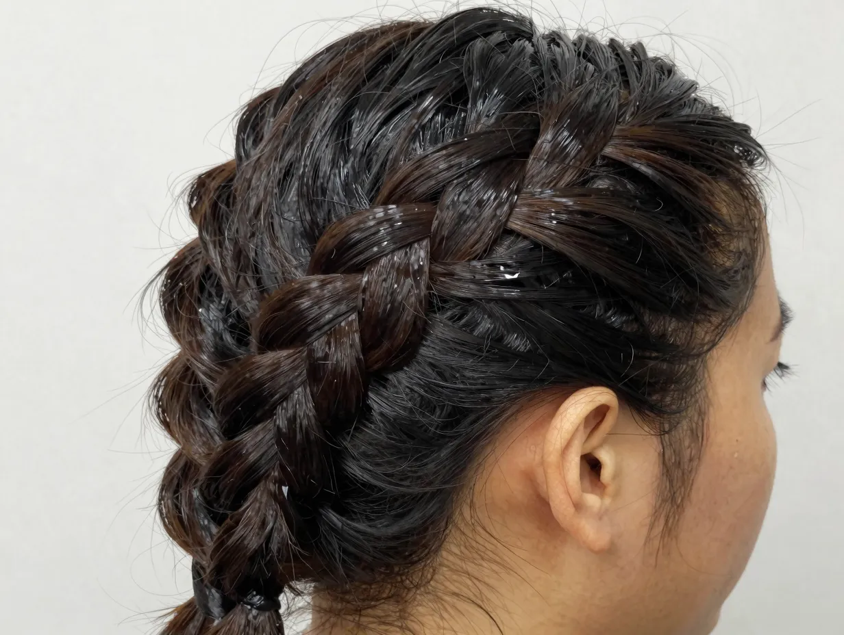 Dutch braid hairstyle on textured hair with 3d relief and pancaking