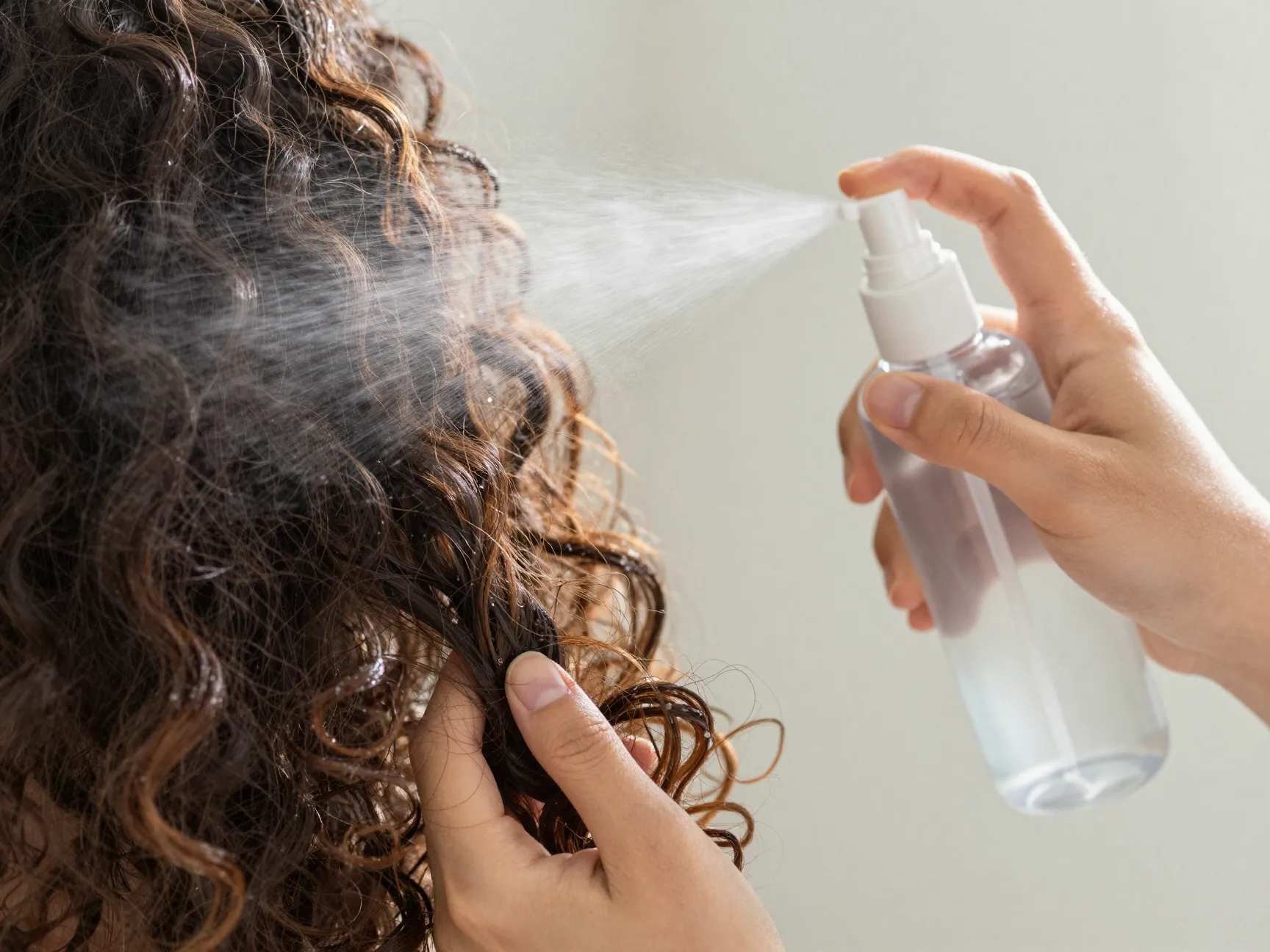 Water mist spray bottle scrunching curly hair for refresh