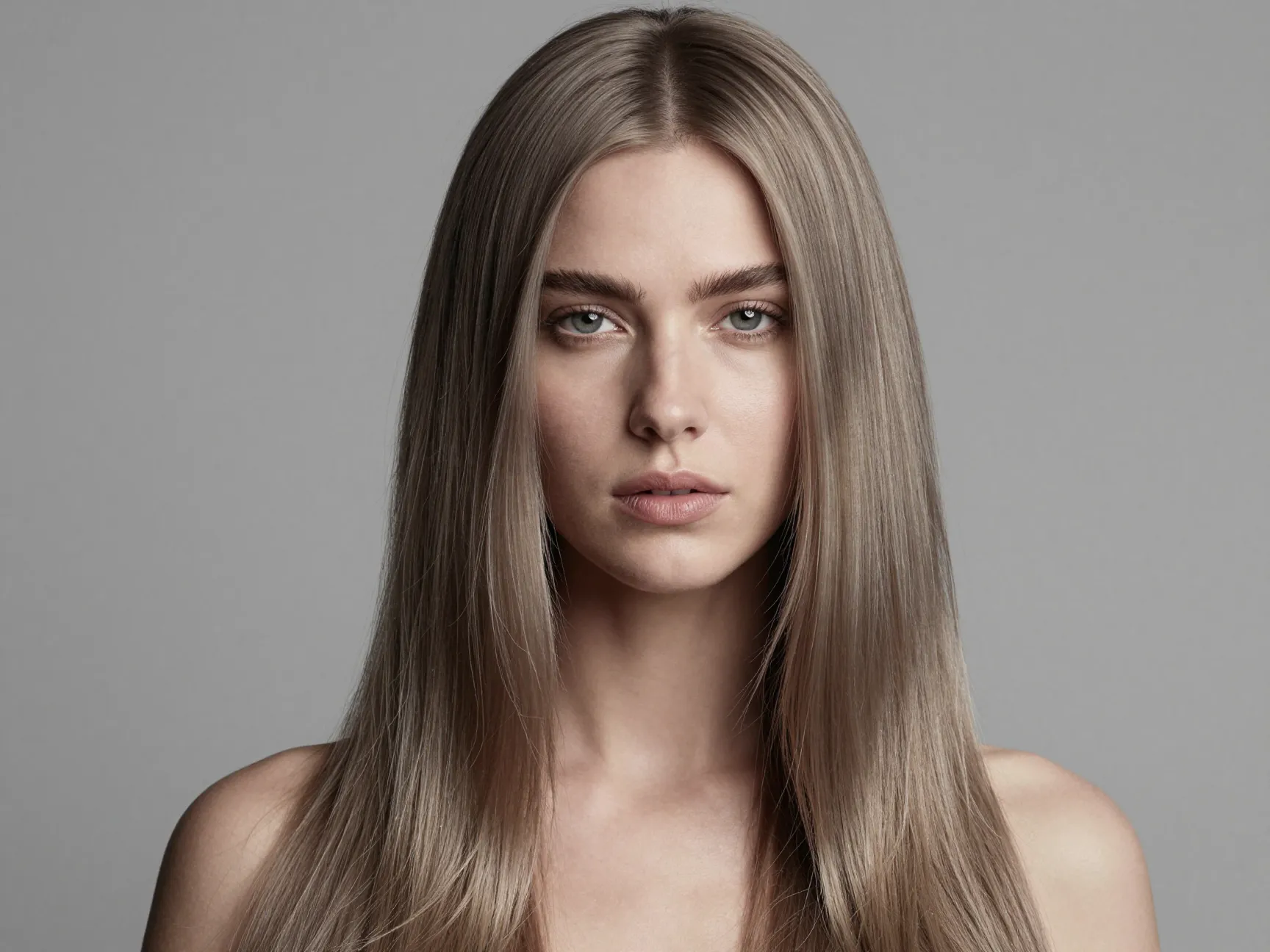 A woman with cool ashy mushroom bronde hair in an editorial setting