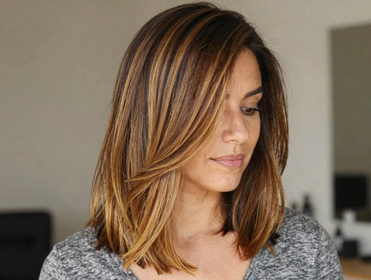Bronde balayage warm golden brown blend with dark root