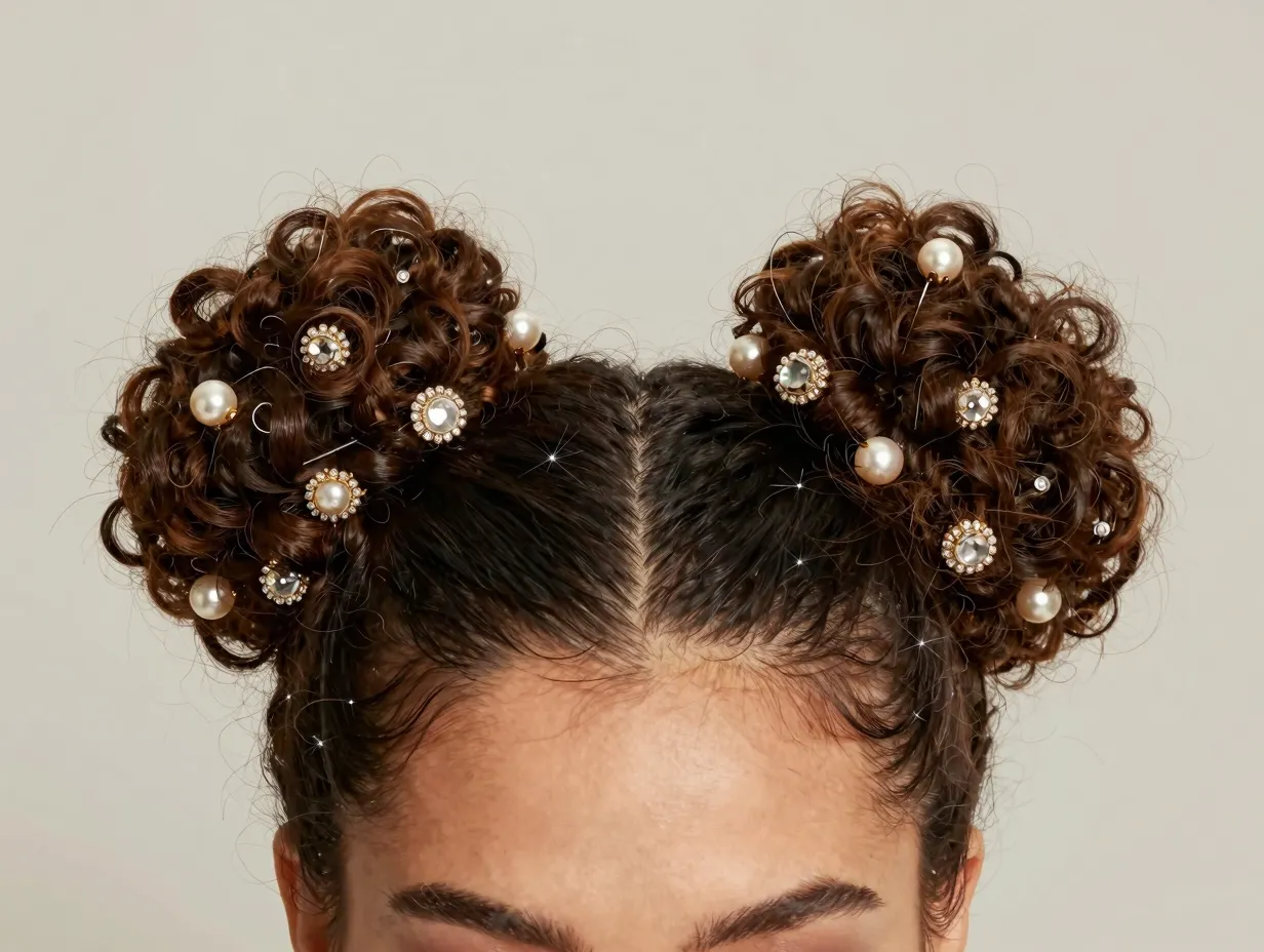 Curly space buns with jeweled bobby pins and pearl tips