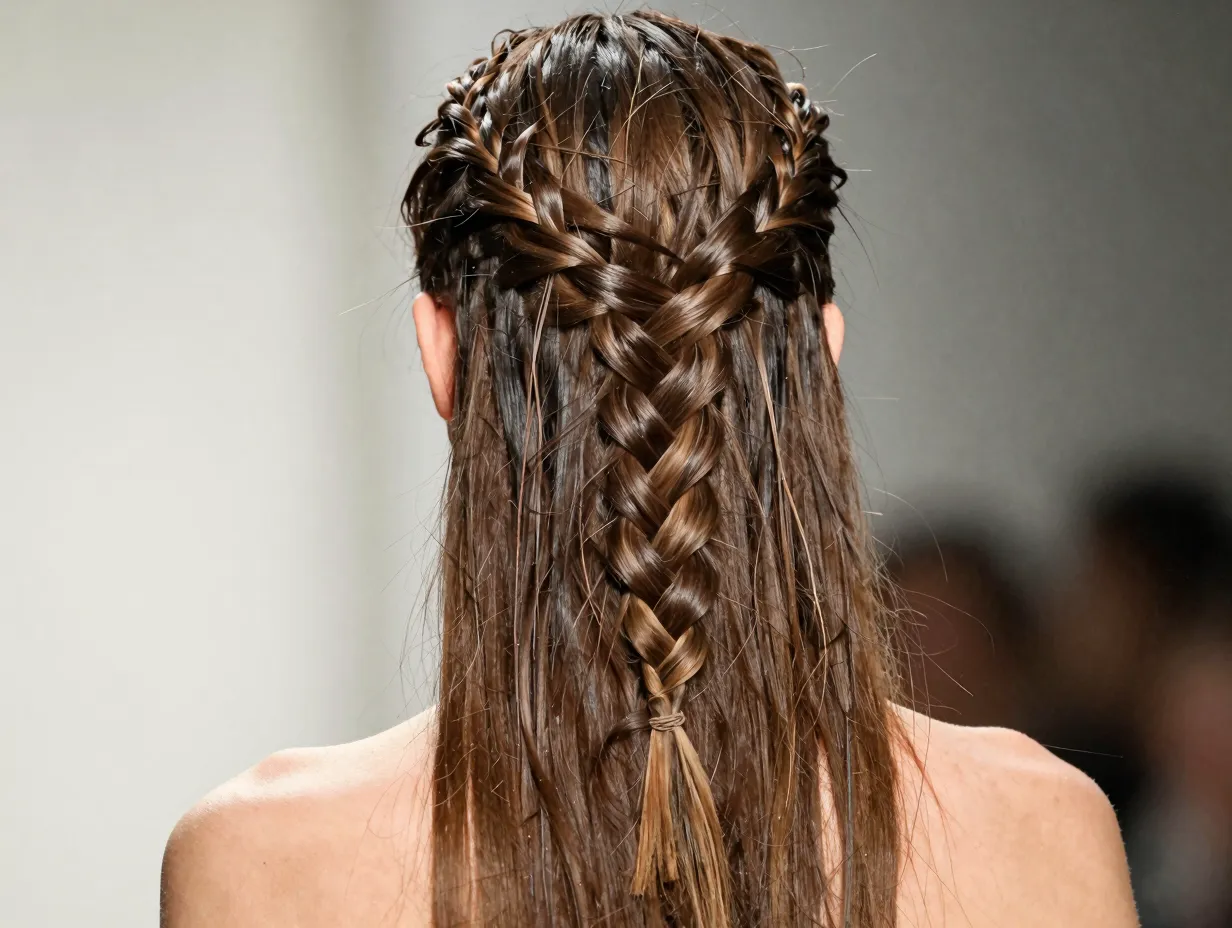Fishtail braid woven pattern with thin strands on unwashed hair