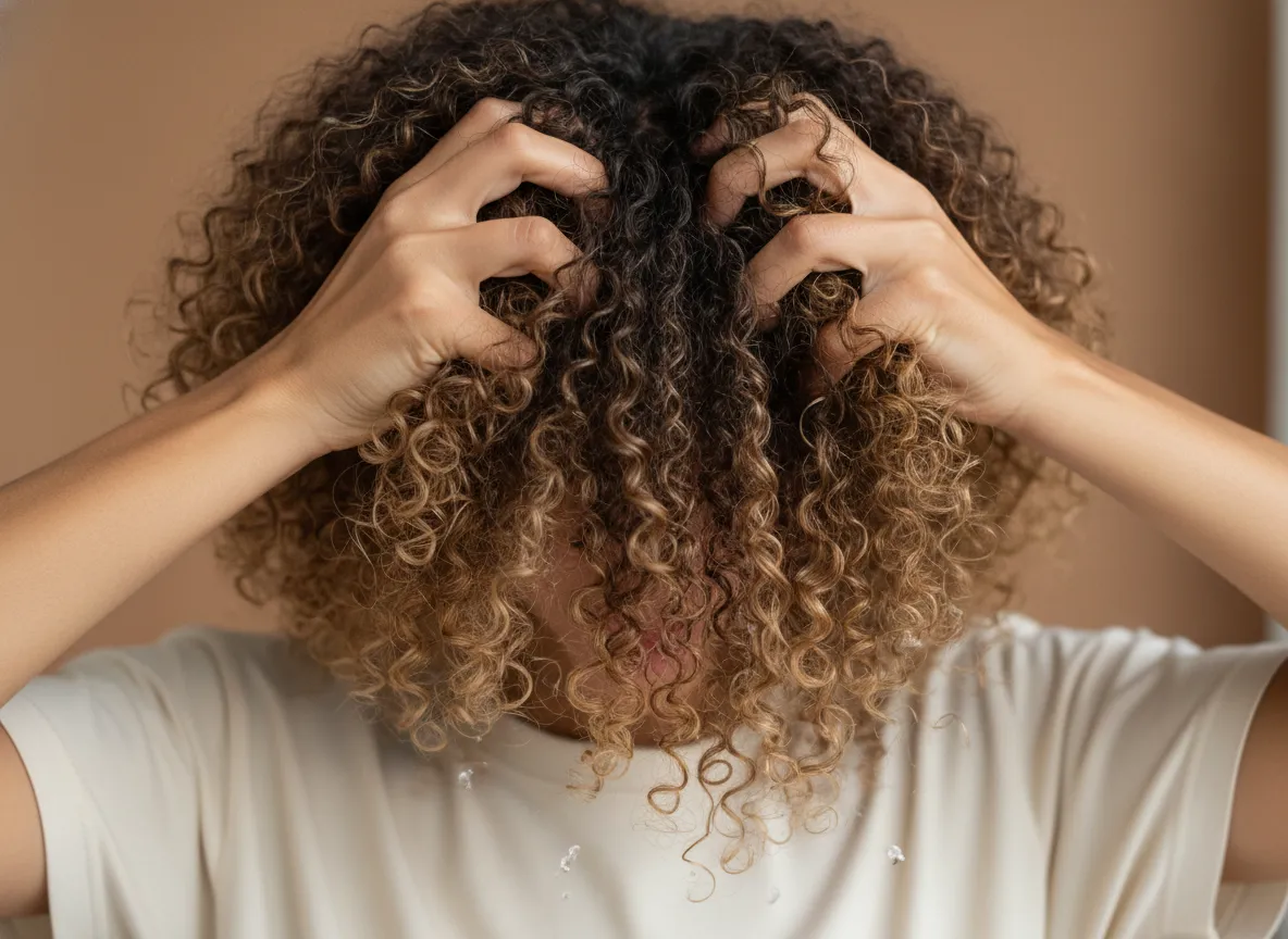 Person scrunching dry defined curls to remove gel crunch
