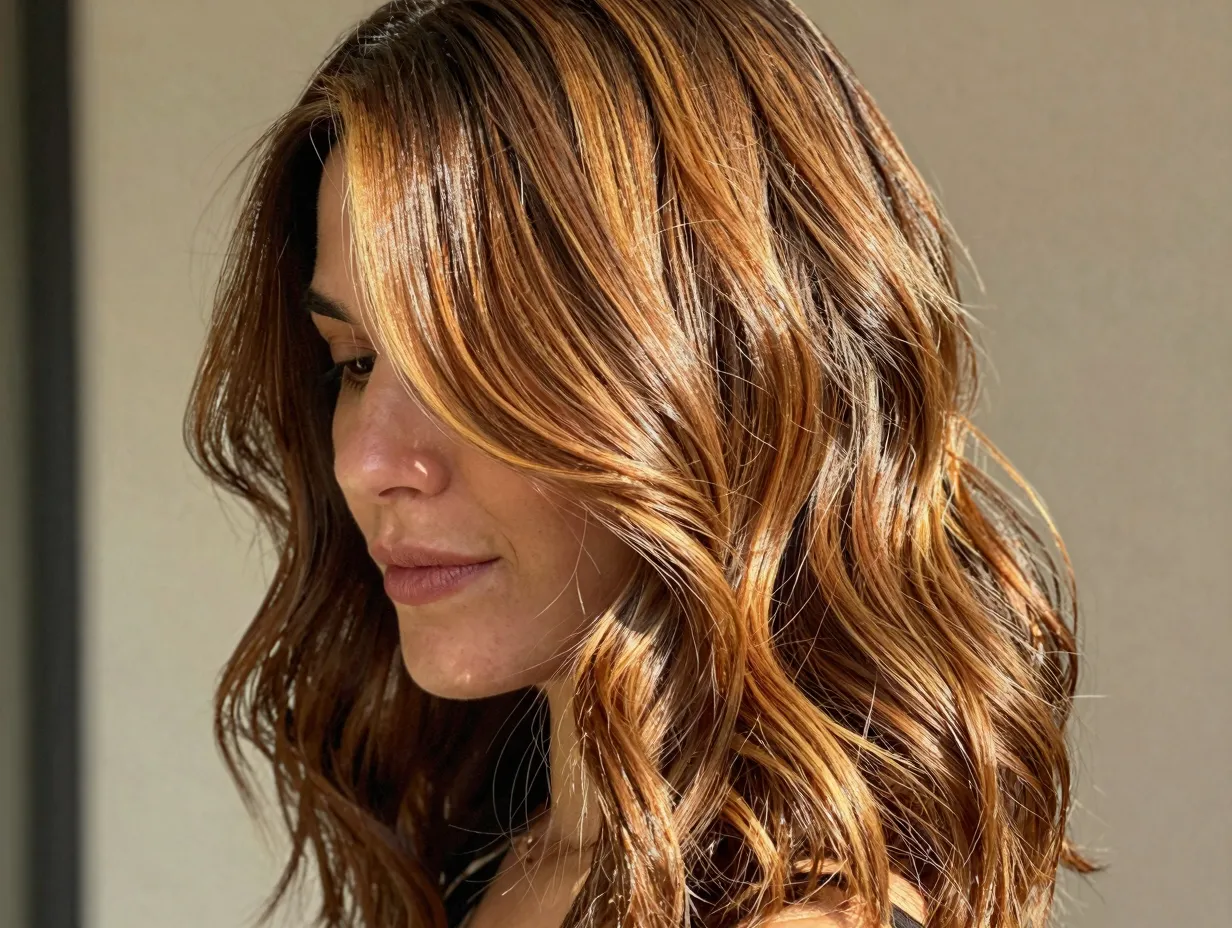 A woman with warm toffee brunette hair in natural light
