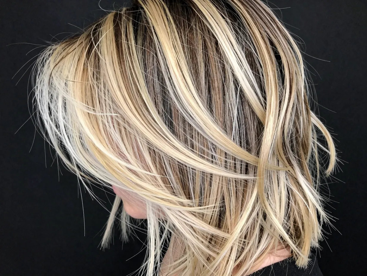 Chunky contrast blonde balayage bold streaks dark base