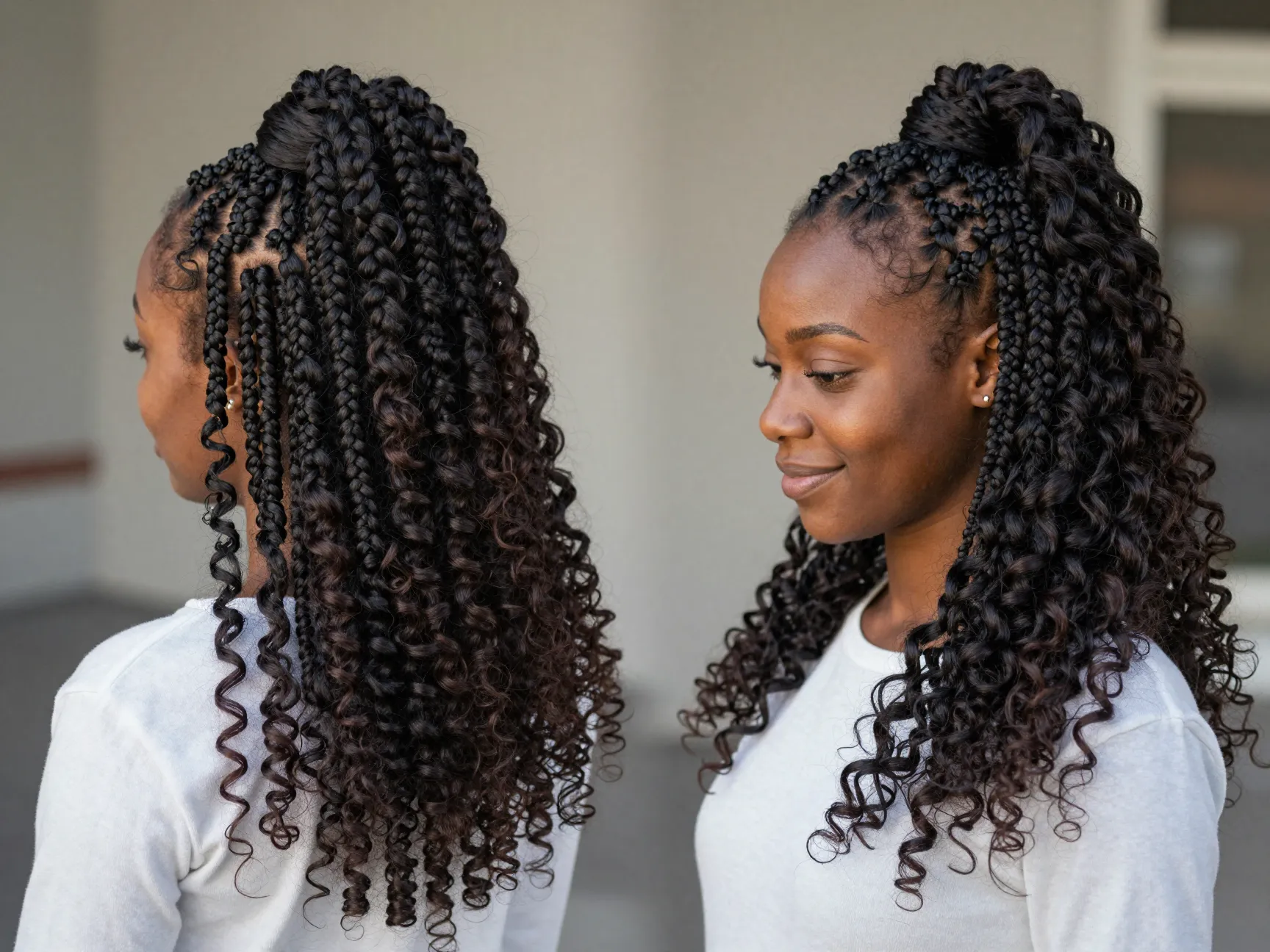 Half up half down french curls with top ponytail and free curls