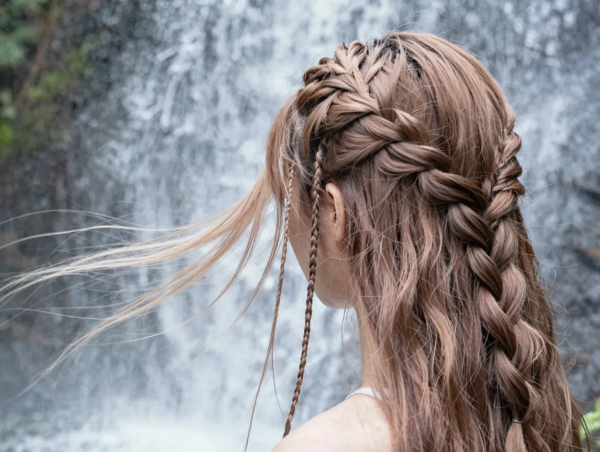 Waterfall braid cascading strands across temple to opposite side
