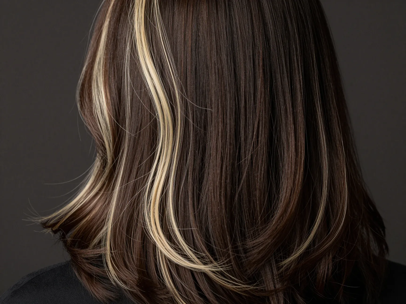 A woman with dark cold brew brunette hair showing creamy swirls