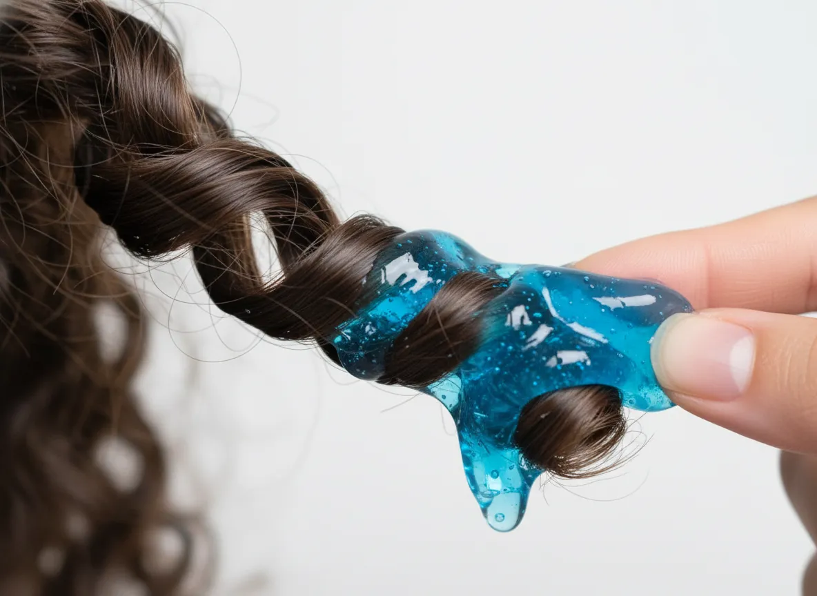 Hand applying blue gel to individual damp curl for definition