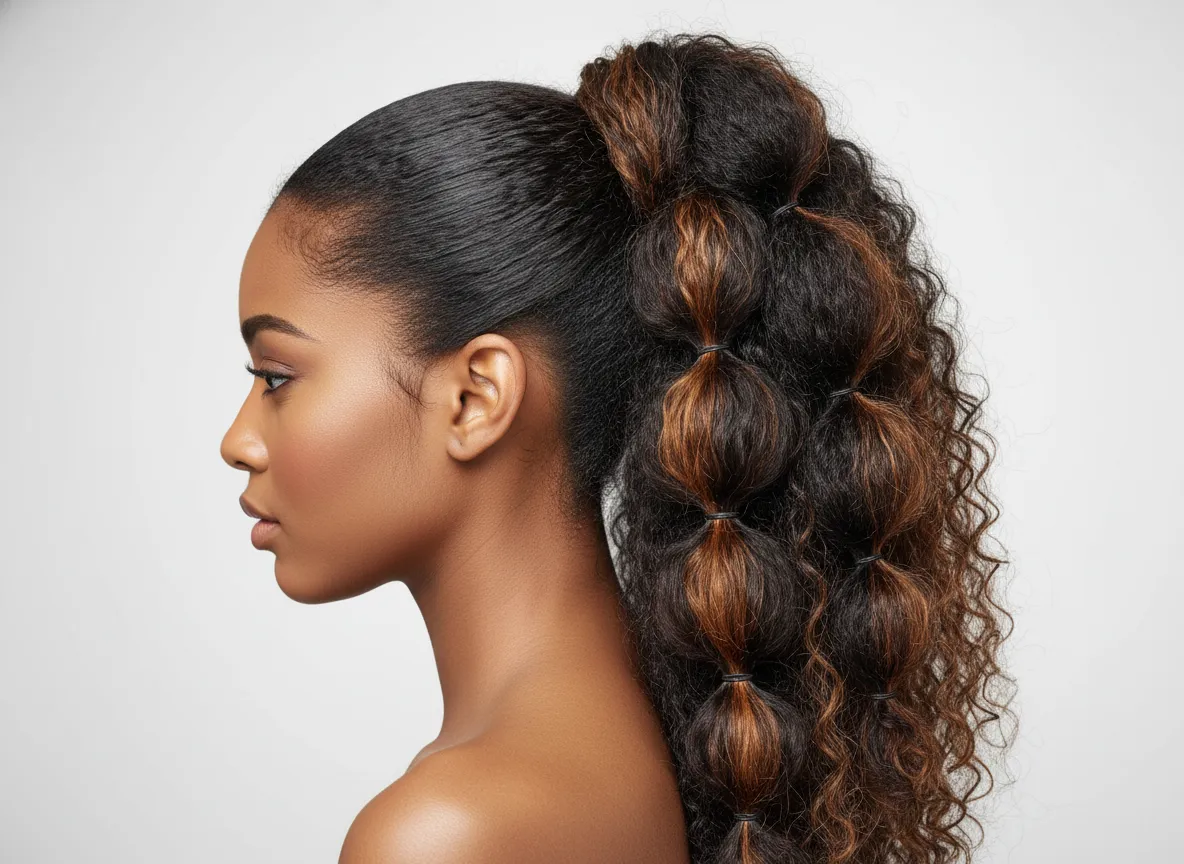 High bubble ponytail with honey highlights and spaced elastics