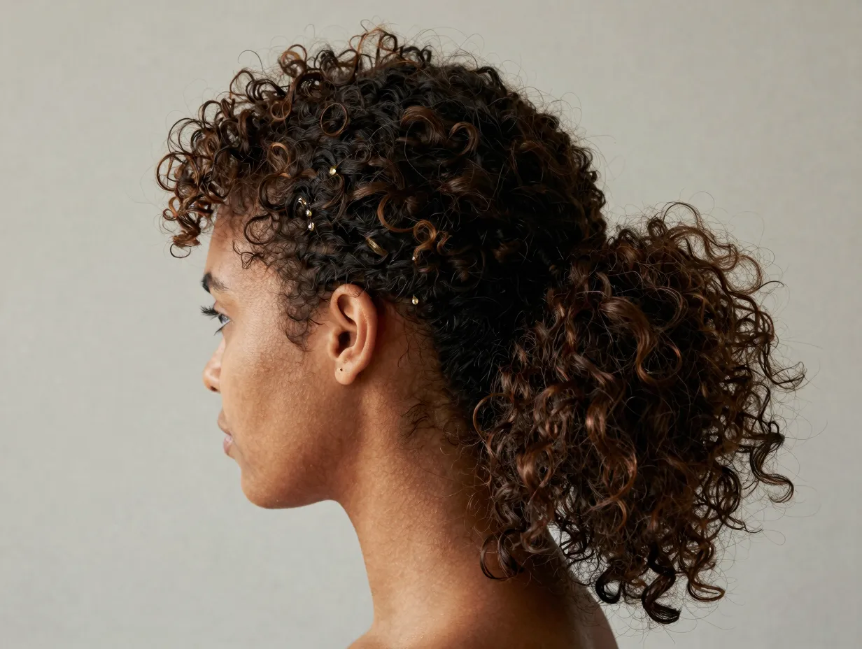 Low ponytail with intentional frizz and defined hairline