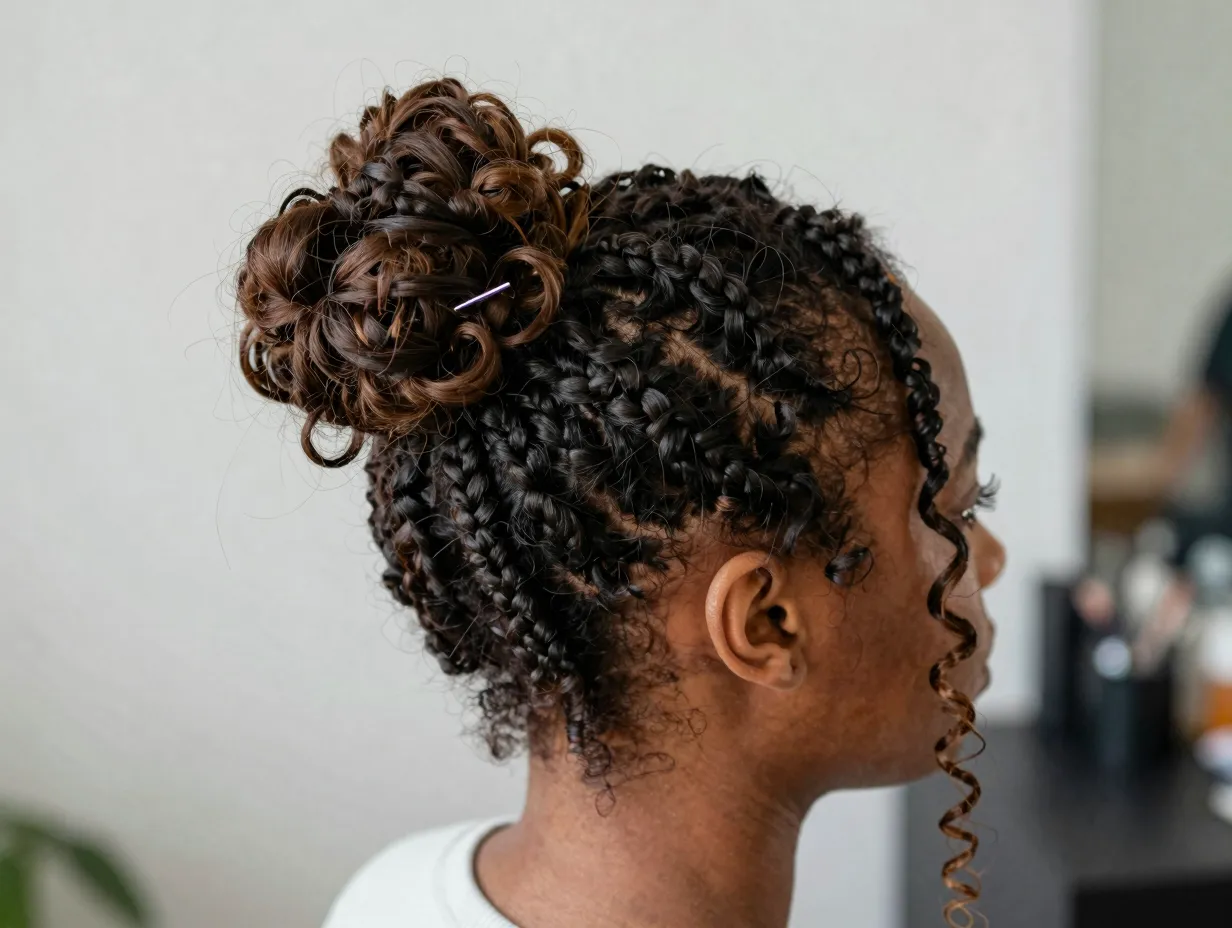 Messy bun french curls with face framing loose escape curls