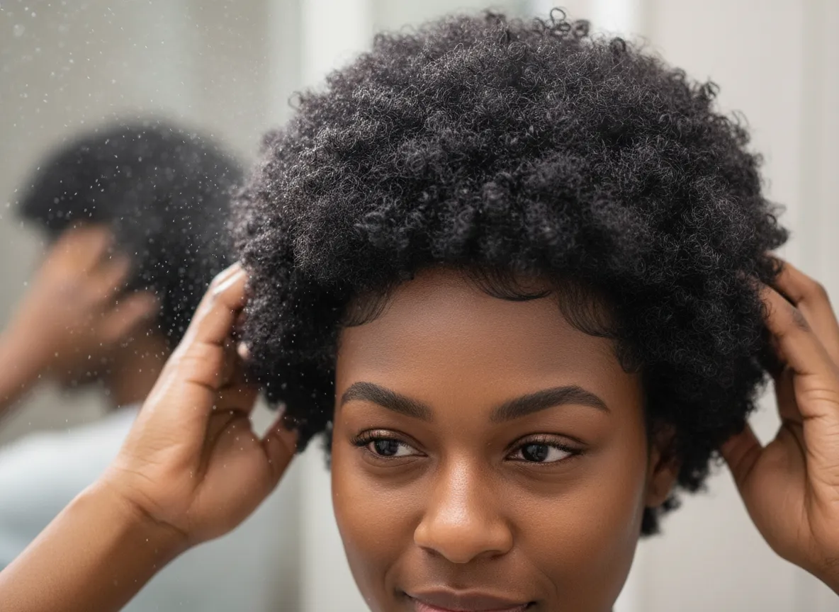 Short 4c hair shaped rounded puff hands water spray