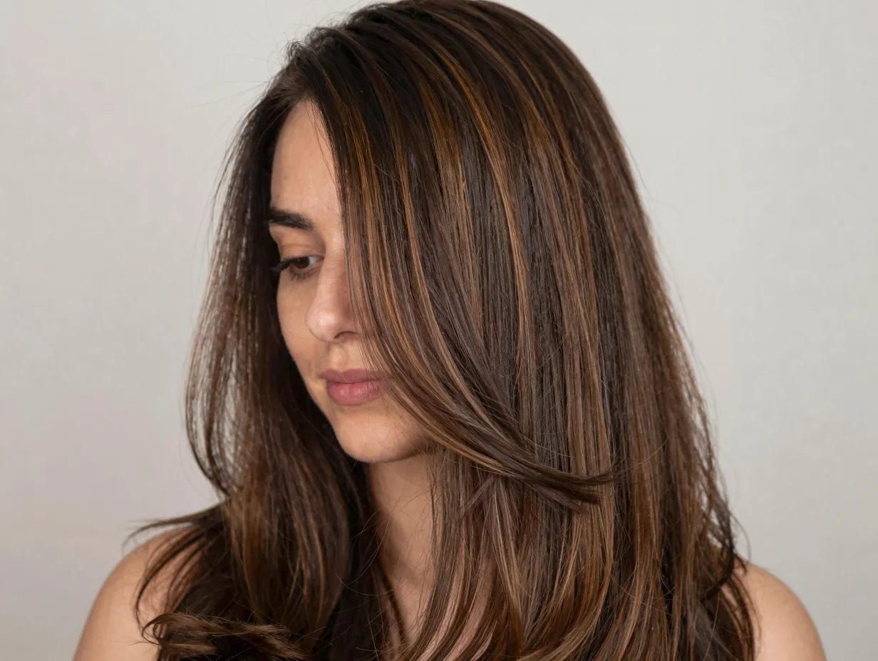 A woman with subtle brownie batter highlights in brunette hair