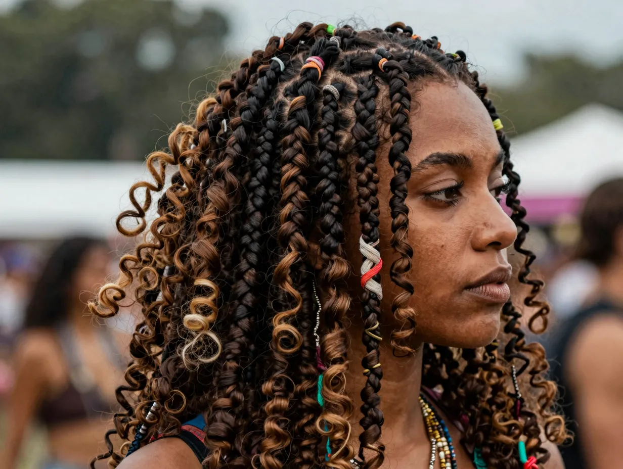 Boho fusion french curls with mixed micro braids and layered textures