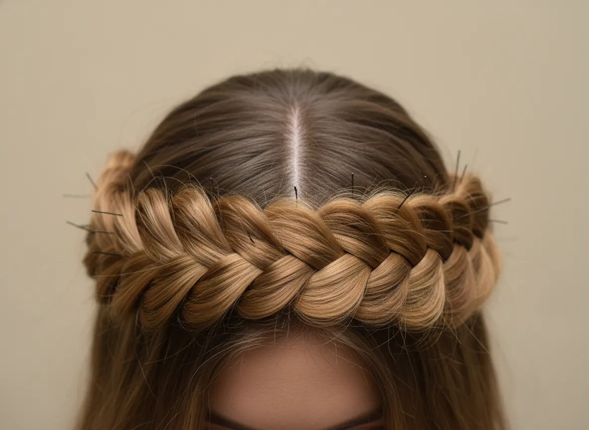 Crown braid halo framing head from two dutch braids pinned