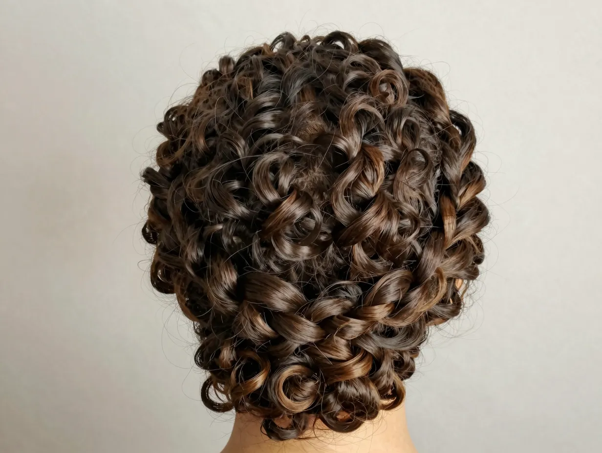 Halo braid crown on curly hair with loose temple tendrils