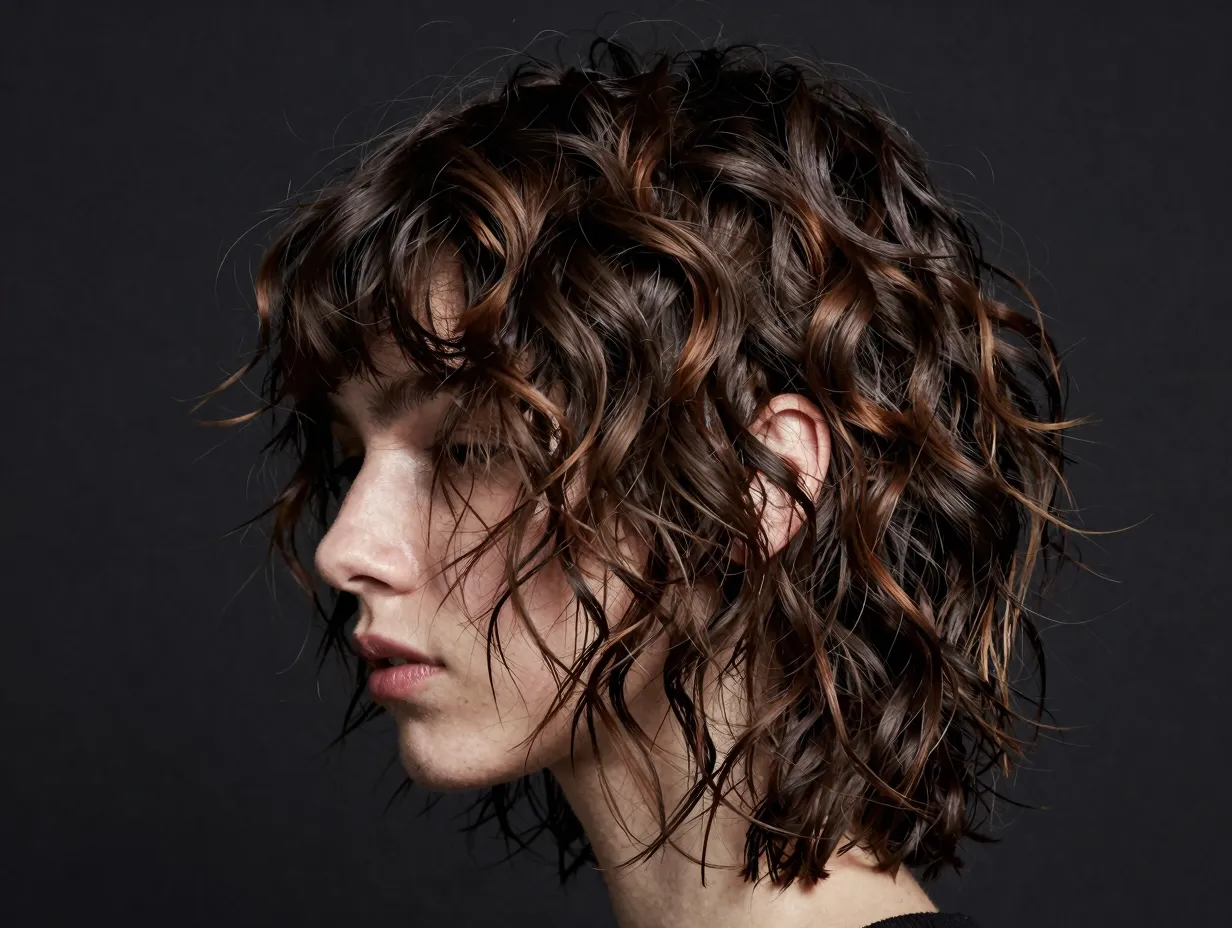 Shaggy butterfly cut with choppy layers on tight wavy texture