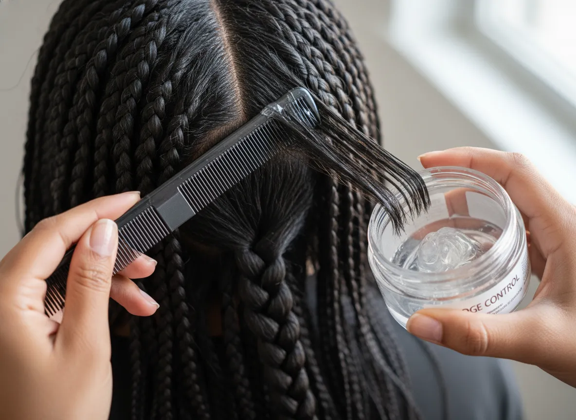 Clean box sections braided detangled damp hair edge control