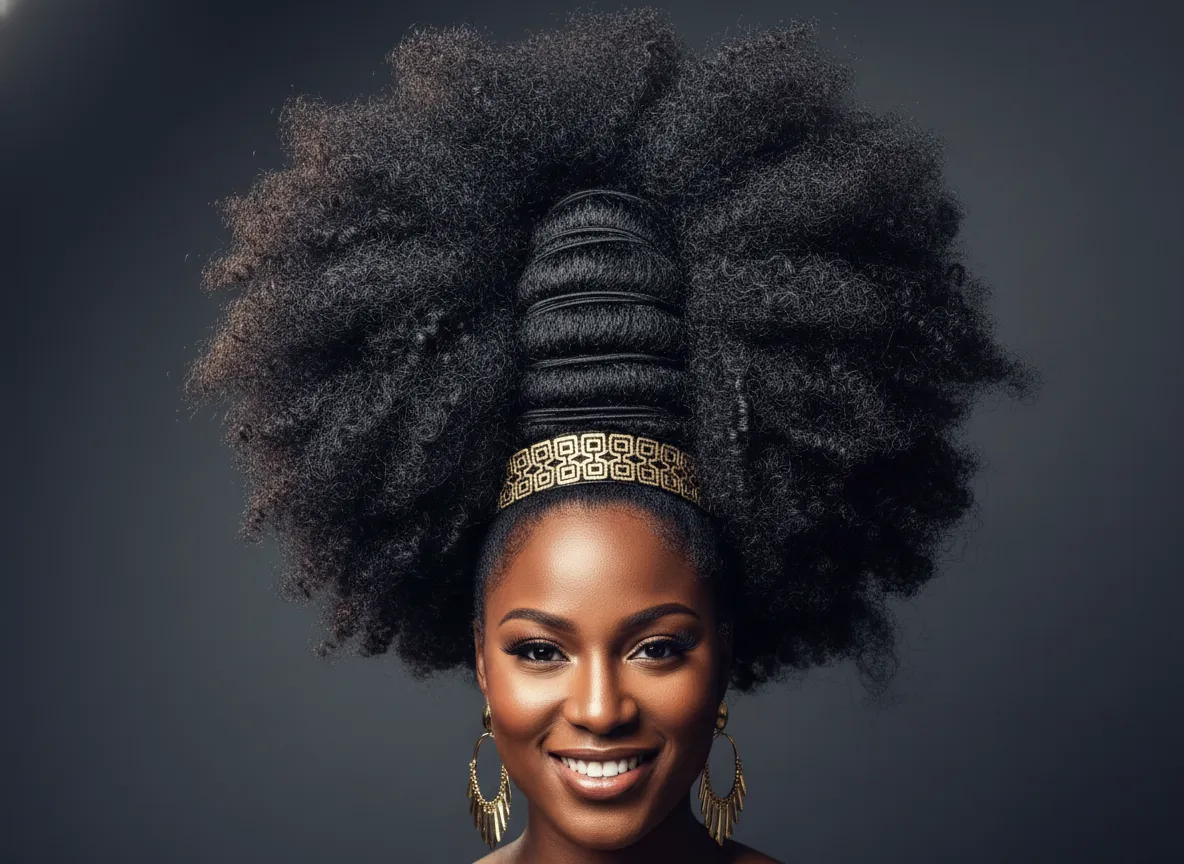 High volume curly ponytail with stacked hair ties