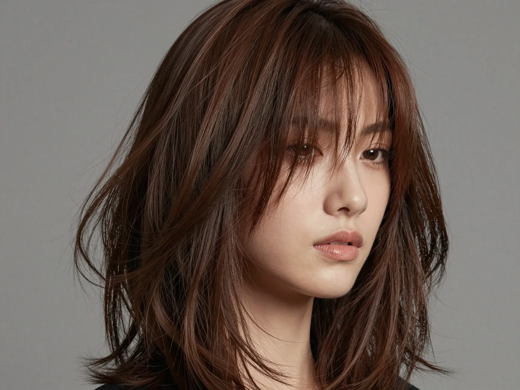 Side swept butterfly cut with asymmetrical layers and fringe
