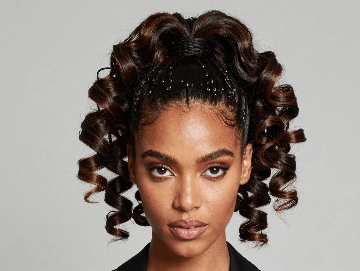 Sleek high ponytail french curls with gel laid edges contrast
