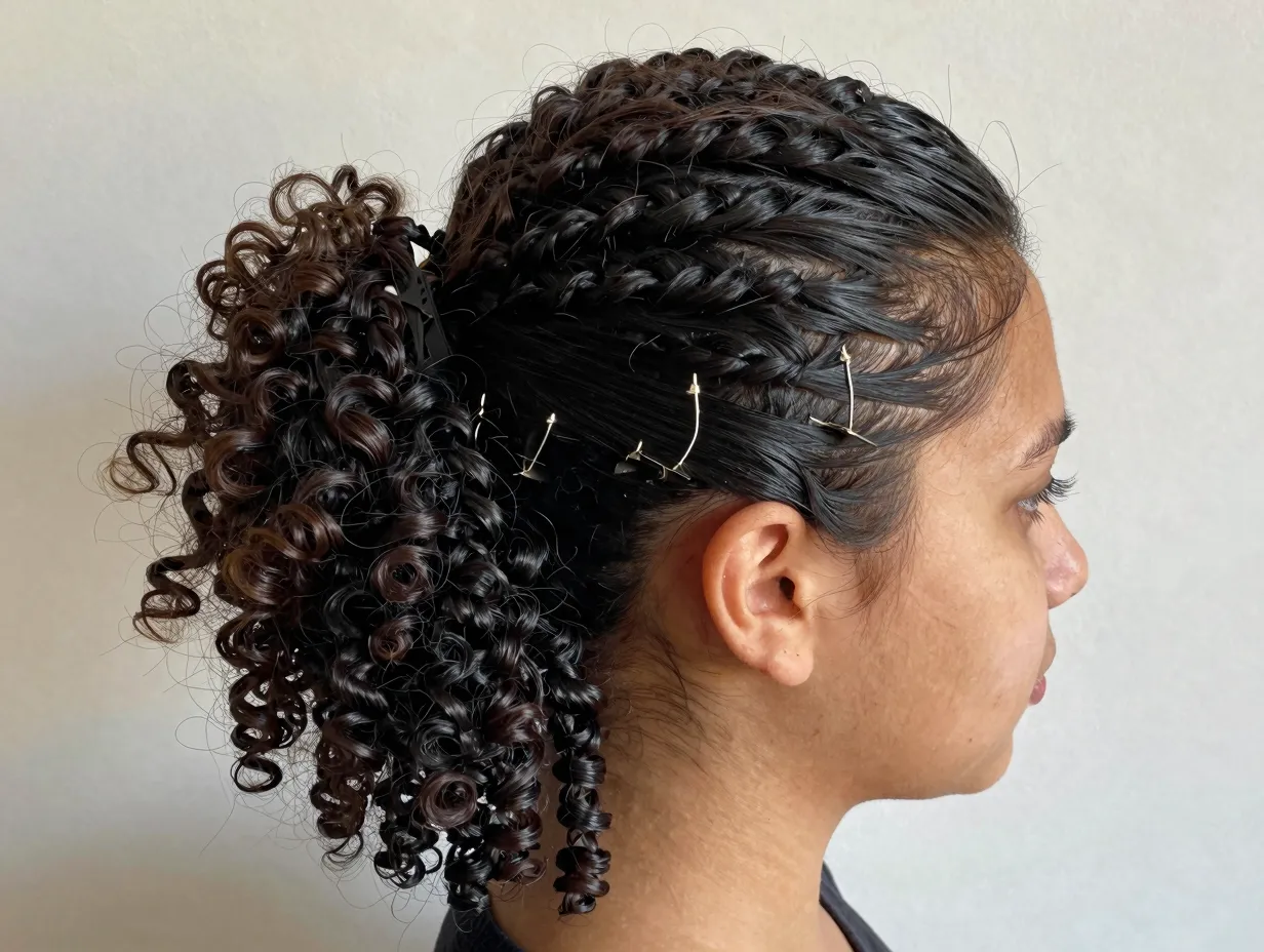 Slicked back twist out with smooth sides and free back curls