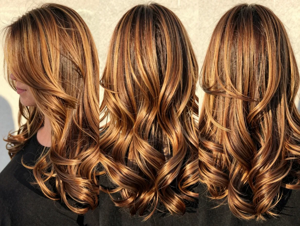 A woman with dimensional honey highlights and chocolate lowlights