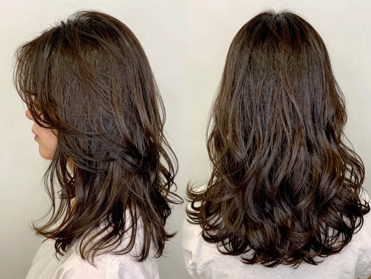 Collarbone length butterfly cut with concentrated volume and bounce