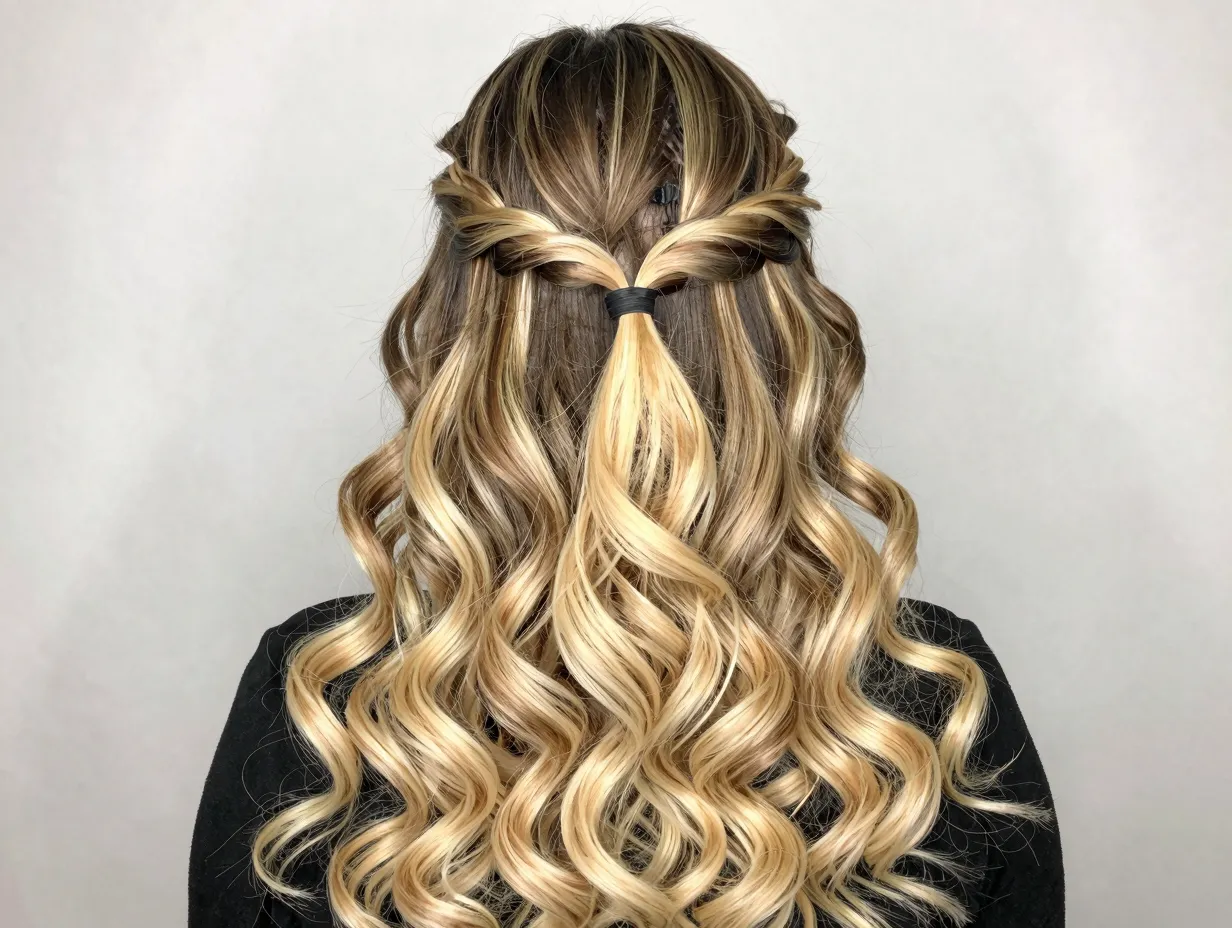 Half up slick back with split color and free flowing bottom curls