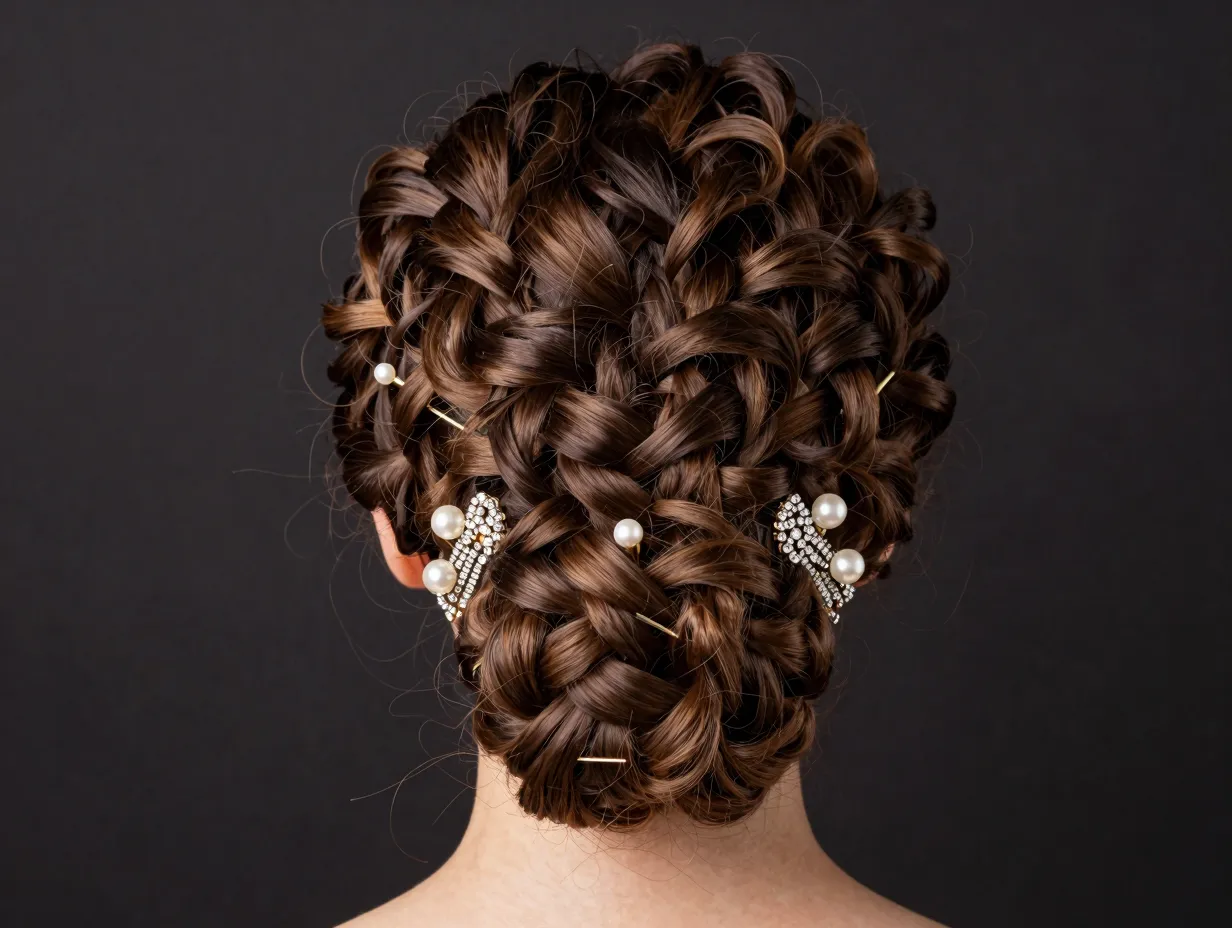 Intricate fishtail braided bun with jeweled clip accents