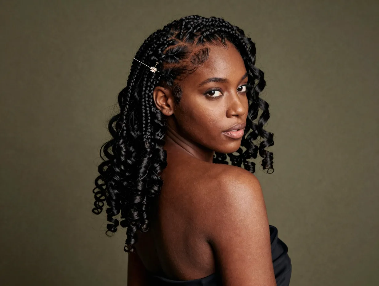 Romantic side swept french curls draped over one shoulder