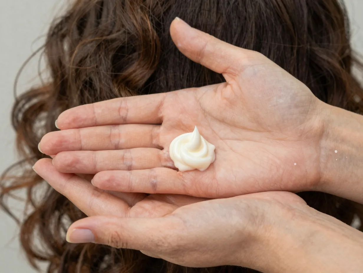 Styling cream emulsified in palms before applying to curls