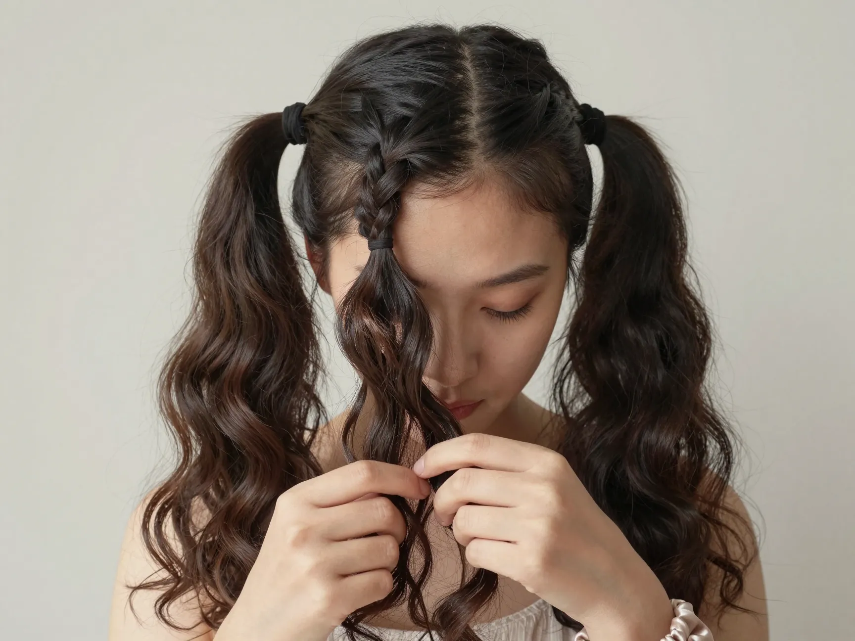 Two cornrow pigtails unraveled reveal second day waves