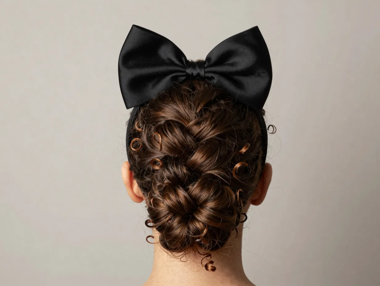 Braided bun with wide black satin bow headband