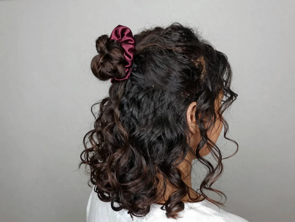 Half up loose top knot satin scrunchie face framing pieces